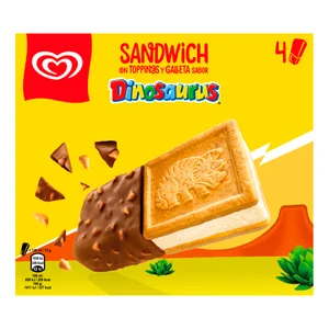 FRIGO Dinosaurus Sándwich de helado galleta toppings y galleta sabor dinosaurus 4 x 130 ml.