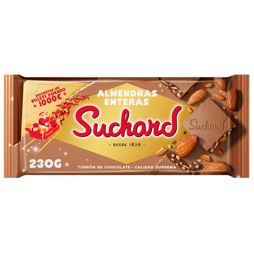 SUCHARD Turrón de chocolate con almendras enteras y arroz inflado 230 g.