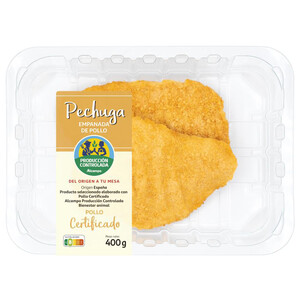 Bandeja con filetes de pechuga de pollo empanados ALCAMPO PRODUCCIÓN CONTROLADA 400 g.
