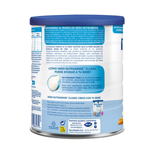HERO Nutrasense classic 1 Preparado lácteo infantil (leche inicio), desde el primer día 800 g.