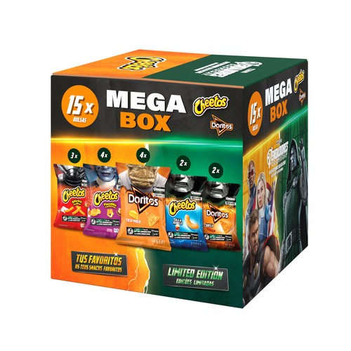 MEGA BOX Mix de aperitivos Cheetos y Doritos 15 unidades especial Avengers 352gr.
