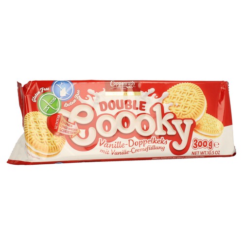 Galletas tipo sándwich rellenas con crema sabor vainilla COPPENRATH DOUBLE COOOKY 300 gr,