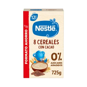 NESTLÉ Papilla de 8 cereales con cacao, 0% azúcares añadidos, a partir de 12 meses 725 g.