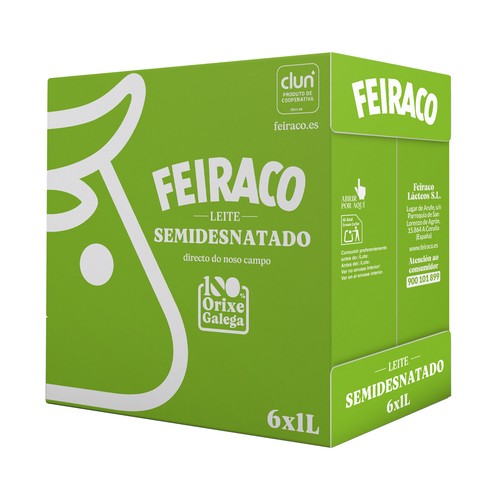 FEIRACO Leche de vaca semidesnatada de origen 100% gallega 6 x 1l.