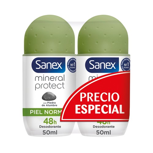 SANEX Mineral protect Desodorante roll on para mujer con piedra de alumbre, para pieles normales 2 x 50 ml.