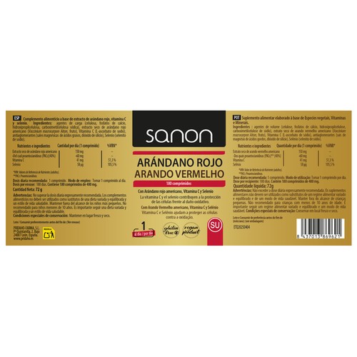 SANON Arándano rojo, vitamina C y selenio (Complemento alimenticio) 180 cápsulas.