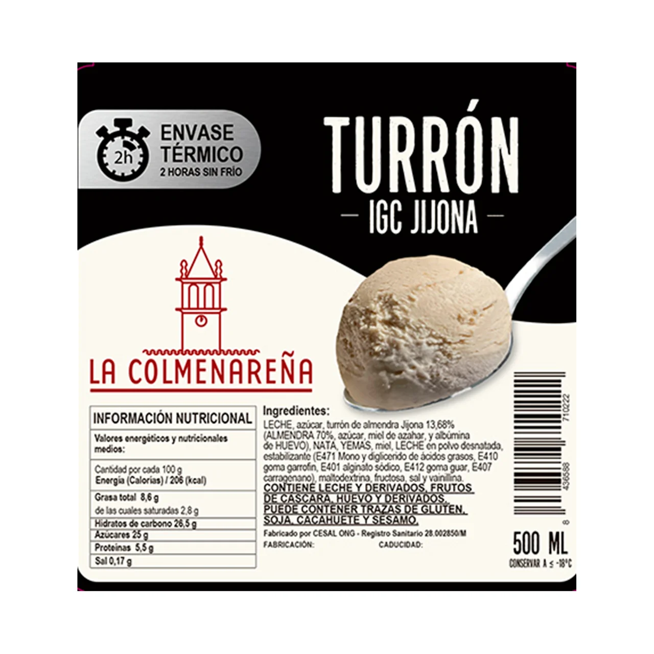 LA COLMENAREÑA Tarrina de helado artesano de turrón, con IGC Jijona 500 ml.