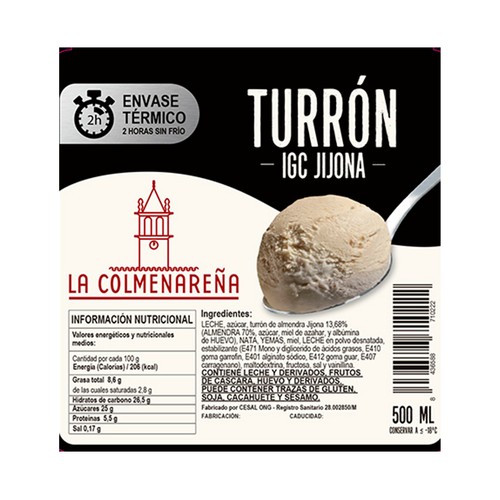 LA COLMENAREÑA Tarrina de helado artesano de turrón, con IGC Jijona 500 ml.