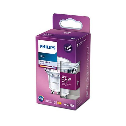 Bobilla Led GU10, 65W, luz fría, 4000K, 485lm, PHILIPS.