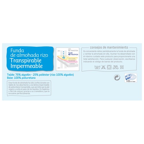 Funda protectora de almohada 75% algodón 25% poliéster, transpirable e impermeable, 80cm. PRODUCTO ALCAMPO.