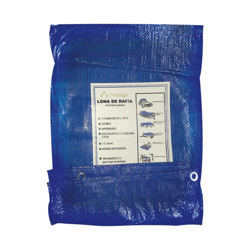 Lona o  suelo de rafia de 80 gramos de color azul o verde, con ojales de aluminio a intervalos, bordes reforzados y medidas de 2 x 3 metros TRESDOGAR.