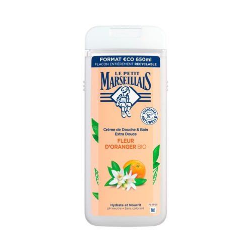 LE PETIT MARSEILIAIS Gel de baño o ducha hidratante y nutritivo, extra suave con flor de azahar bio 650 ml.
