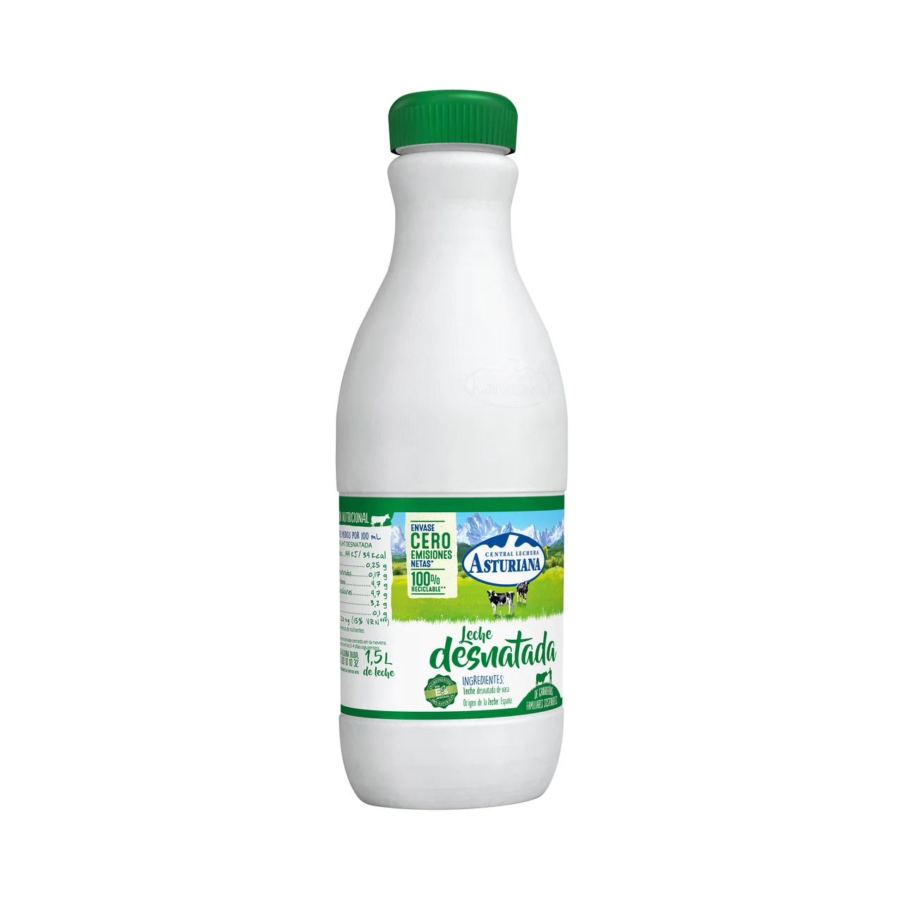 Leche desnatada de vaca, de origen española 1.5 l.