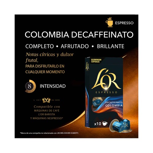 L"OR Espresso Capsulas de café colombiano descafeinado 10 uds. 52 g.