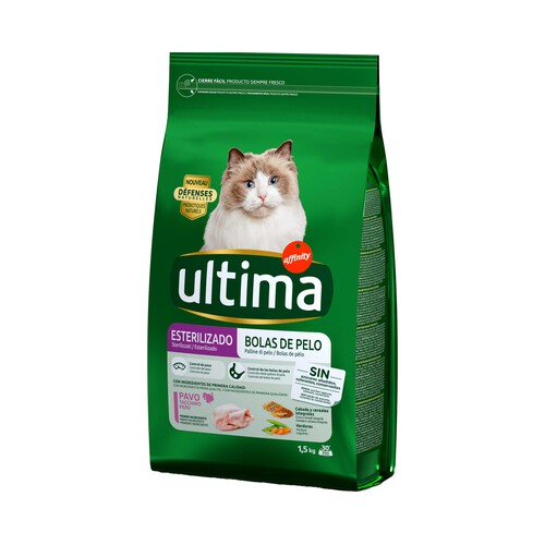 ULTIMA Pienso para gatos esterilizados a base pavo y cebada, control de bolas de pelo ULTIMA bolsa 1,5 kg.