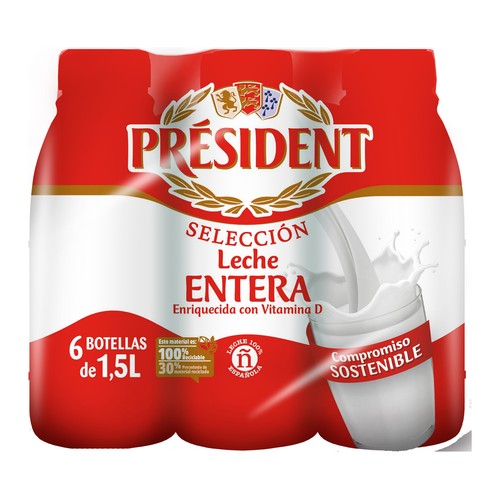 PRÉSIDENT Leche entera de vaca de origen 100% español 6 x 1.5 l.