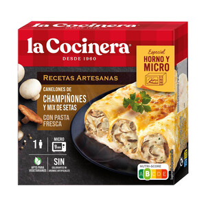 Imagen de LA COCINERA Canelones de pasta fresca, rellenos de champiñones y mix de setas, especiales para horno y microondas Recetas artesanas 280 g.