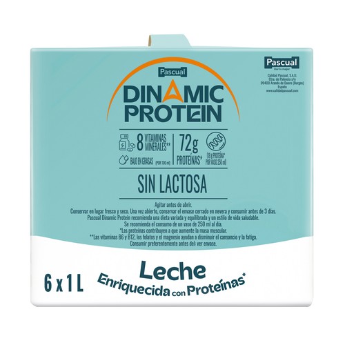 PASCUAL Dinamic protein Leche sin lactosa enriquecida con proteínas y 8 vitaminas y minerales 6 x 1 l.