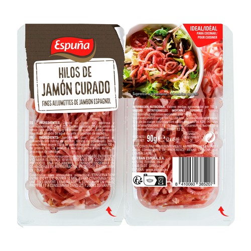 ESPUÑA Jamón curado cortado en hilos y elaborado sin gluten ESPUÑA 2 x 50 g.