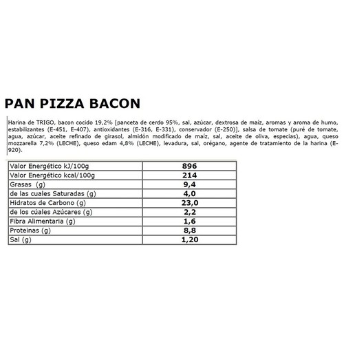 LA NIÑA DEL SUR Pan pizza de salsa de tomate, mezcla de quesos y bacon 180 g.