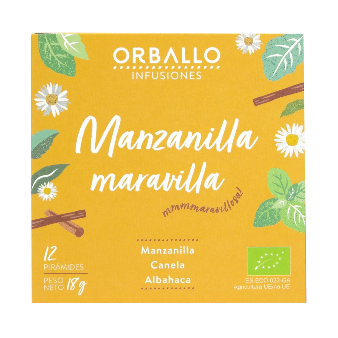 ORBALLO Infusión ecológica de manzanilla con canela y albahaca 12 uds.
