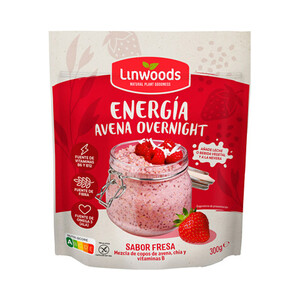 Imagen de LINWOODS Avena y semillas de Chia, con sabor a fresa, lista para añadir leche o bebida vegetal 300 g.