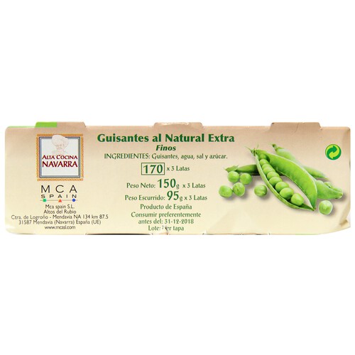 ALTA COCINA Guisantes al natural de calidad extra ALTA COCINA 3 uds x 95 g.