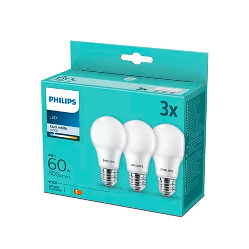 Pack 3 bombillas led 60w a60 e27 blanca . PHILIPS
