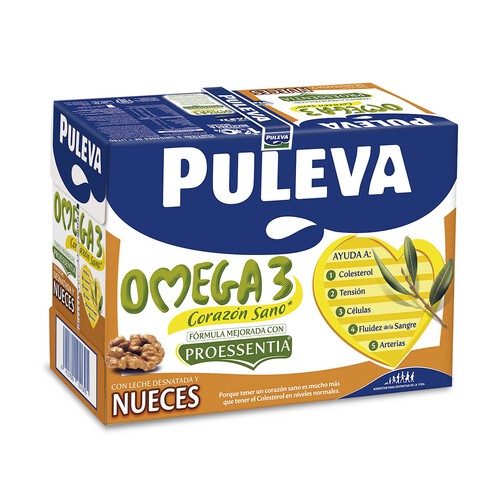 PULEVA Omega 3 Preparado lácteo desnatado, enriquecido con nueces, ácido oleico y Omega 3  6 x 1l.