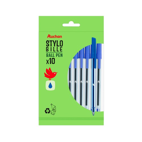 Pack de 10 bolígrafos azules 80% material reciclado, PRODUCTO ALCAMPO.