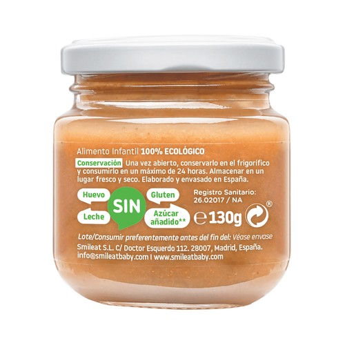 SMILEAT Tarrito de fruta 100% ecológica (pera y manzana), a partir de 6 meses 130 g.