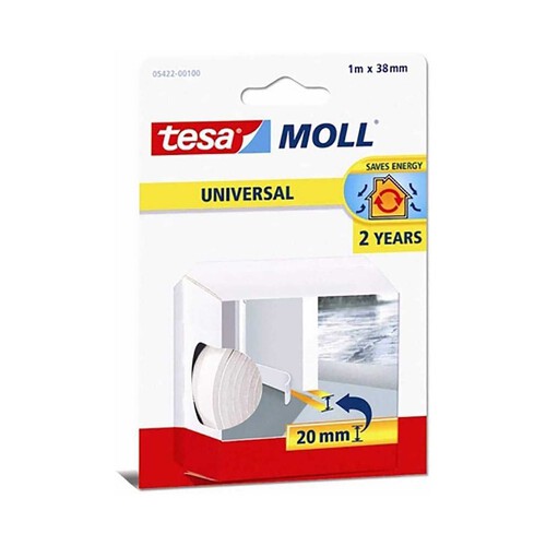 Burlete aislante para puertas de espuma de caucho universal, 1 m x 38 mm, color blanco, TESA TesaMoll Umbral.