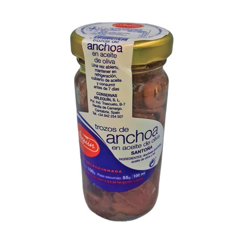 ARLEQUÍN Anchoas en aceite de oliva en trozos, tarro cristal 55 g.