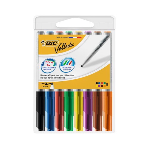 Pack de 8 marcadores para pizarra blanca con tinta a base de acetona. Punta cónica resistente de 1,4 mm. BIC.