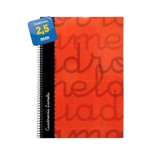 Cuaderno de espiral tamaño cuarto con 80 hojas de cuadrovía 2.5mm. Cubierta extra dura color rojo. EDITORIAL LAMELA.