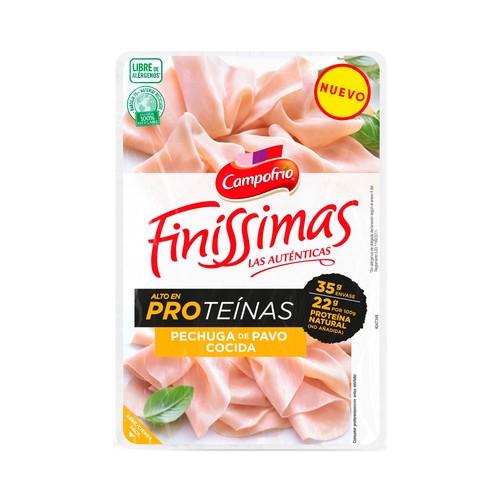 CAMPOFRÍO Finissimas Pechuga de pavo cocida con alto contenido en proteínas, cortada en lonchas 160 g.
