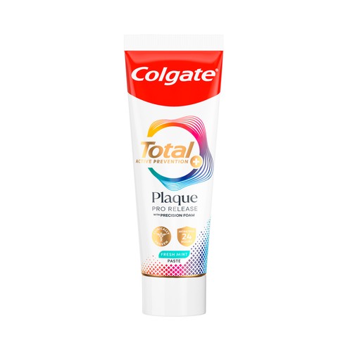 COLGATE Total prevención activa + expert Pasta de dientes de uso diario con espuma de precisión y acción anti-placa, sabor menta fresca 75 ml.