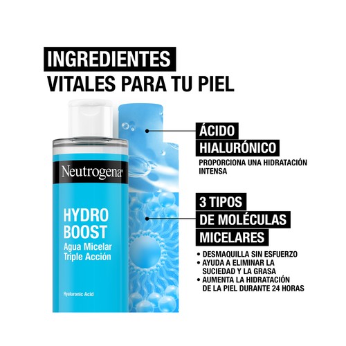 NEUTRÓGENA Hydro boost Agua micelar con ácido Hialurónico y triple acción 2 x 400 ml.