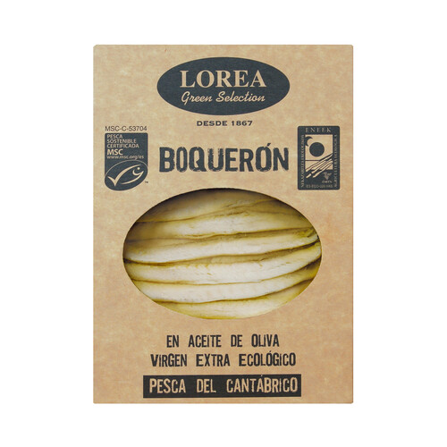 LOREA Boquerones del Cantábrico en aceite de oliva virgen extra Green Selection MSC Ecológico (Pesca sostenible certificada) LOREA 75 g.