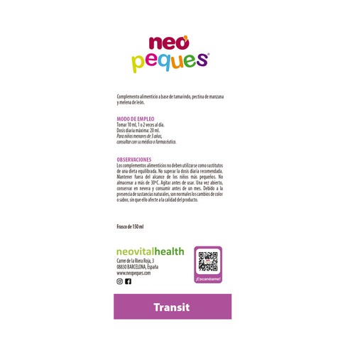 NEO PEQUES Transit Complemento alimenticio sabor a frutas, que ayuda y favorece el transito intestinal 150 ml.