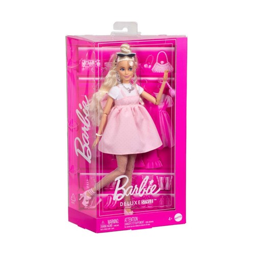BARBIE Deluxe, muñeca con vestido rosa pastel con lazo.