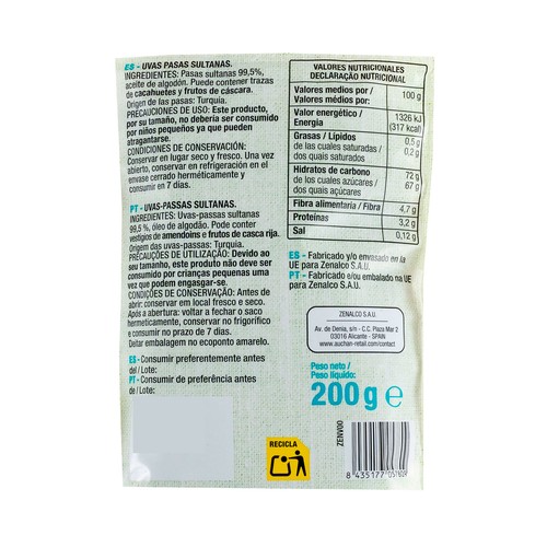 PRODUCTO ALCAMPO Pasas sultanas PRODUCTO ALCAMPO 200 g.