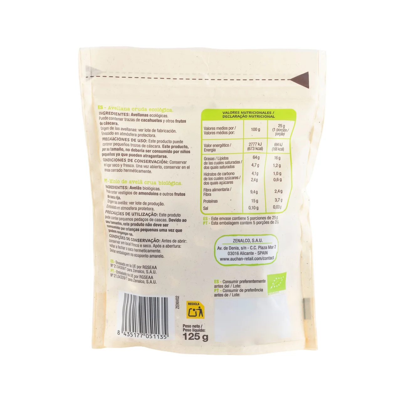 PRODUCTO ECOLÓGICO Bio Avellanas crudas ecológicas 125 g.