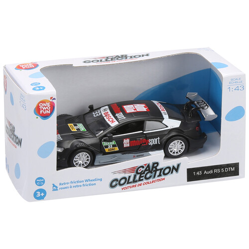 Coche racing de metal a escala 1:43, ruedas con sistema de retrofricción ONE TWO FUN ALCAMPO.