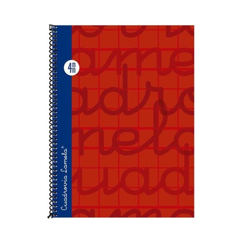 Cuaderno de espiral tamaño cuarto con 80 hojas de cuadrovía 4mm. Cubierta extra dura color rojo. EDITORIAL LAMELA.