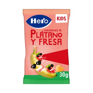 Imagen de HERO Kids Snacks infantiles sin azúcares añadidos, de maíz con corazones de plátano y fresa, a partir de 36 meses 30 g.