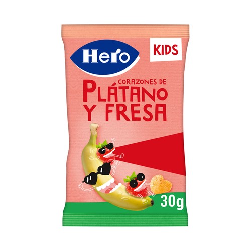HERO Kids Snacks infantiles sin azúcares añadidos, de maíz con corazones de plátano y fresa, a partir de 36 meses 30 g.