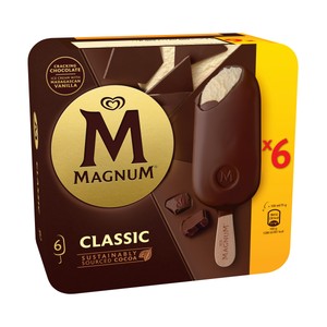 Imagen de MAGNUM Classic de frigo helado de vainilla recubierto de crujiente chocolate con leche 6 x 100 ml.