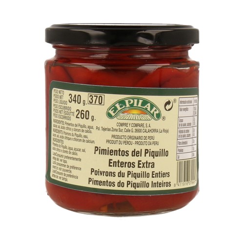 EL PILAR Pimientos del Piquillo enteros extrafrasco de 260 g.