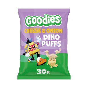GOODIES Snacks horneados con forma de dinusario, sabor queso y cebolla, a partir de 3 años 30 g.